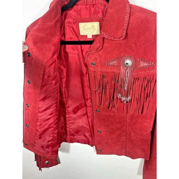 Scully Red Suede Leather Jacket Fringe Concho Beaded Medium Womens Western Wear - Picture 12 of 16